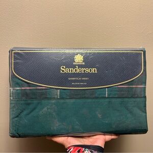 Vintage Sanderson BRAEMAR Queen Flat Sheet 200 luxury percale green plaid NEW